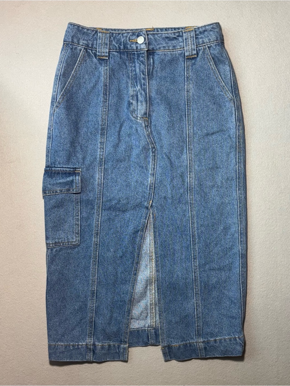 Forever 21 Blue Denim Cargo Midi Skirt Front Slit Size S 28W